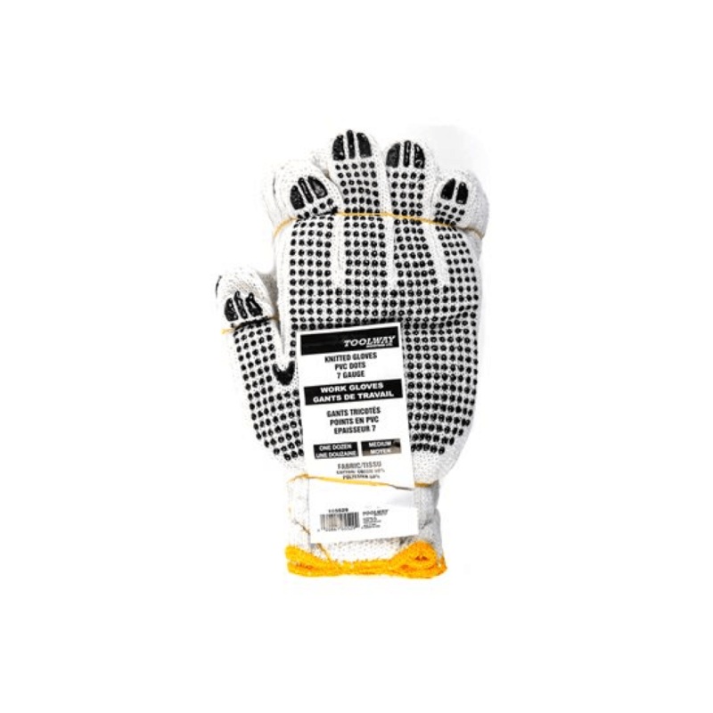 1dz. Knitted Poly/Cotton Gloves White With Black PVC Dots (M)