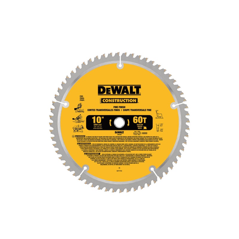 DEWALT Miter/Table Saw Blade, 10" Dia, 0.095" W Cutting, 5/8" Arbor Hole, 32/60-Teeth