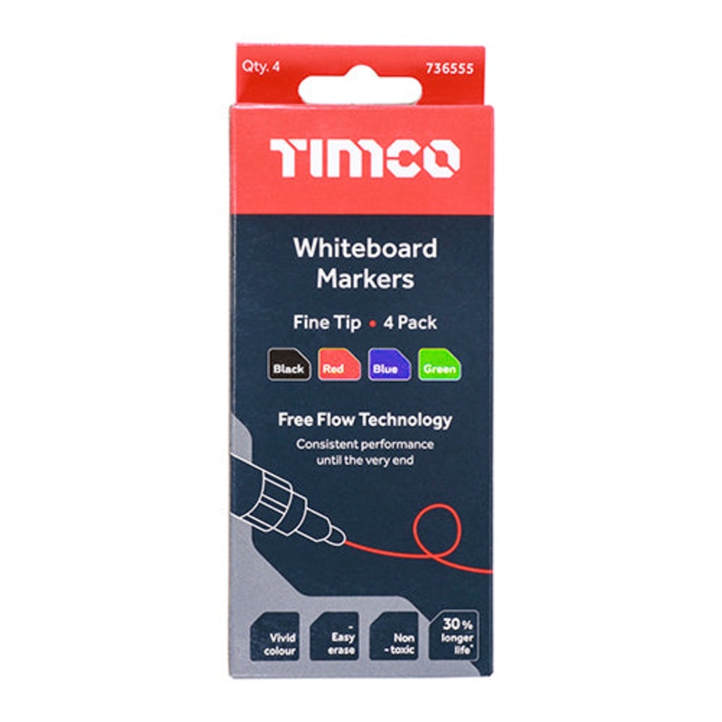 TIMCO Whiteboard Markers Fine Tip Mixed Colours - Fine Tip Four Pack