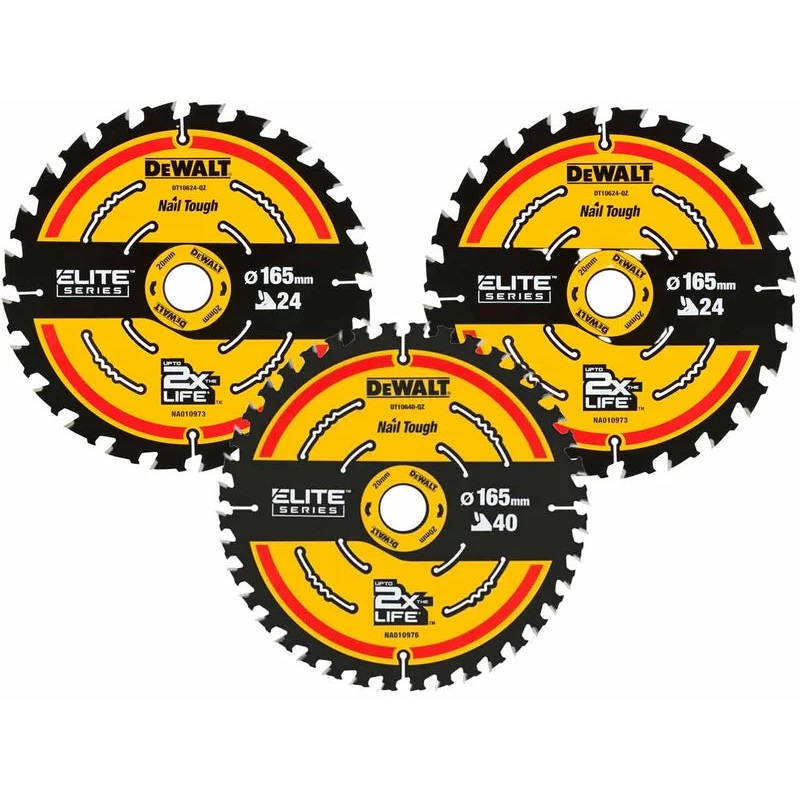 DEWALT DT10397-QZ 165mm x 20mm 24/40T Wood Elite Circular Saw Blade 3pk
