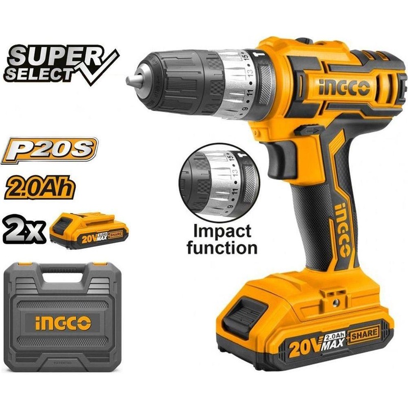 Ingco CIDLI200215 20V Cordless Li-Ion Impact Drill 20V SS
