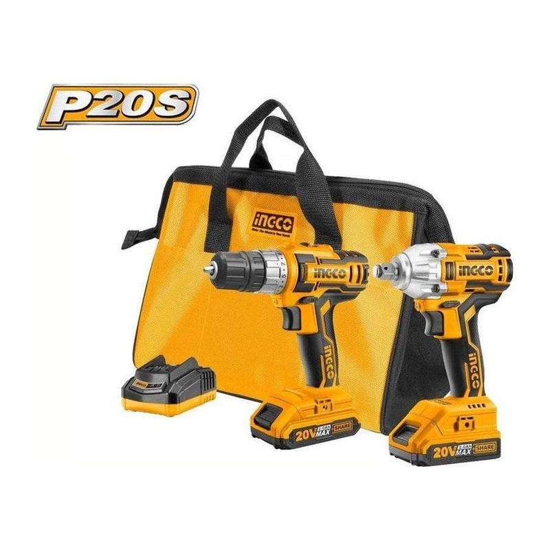 Ingco CKLI2007 20V Li-Ion Cordless 2pc Combo Kit: Drill & Wrench