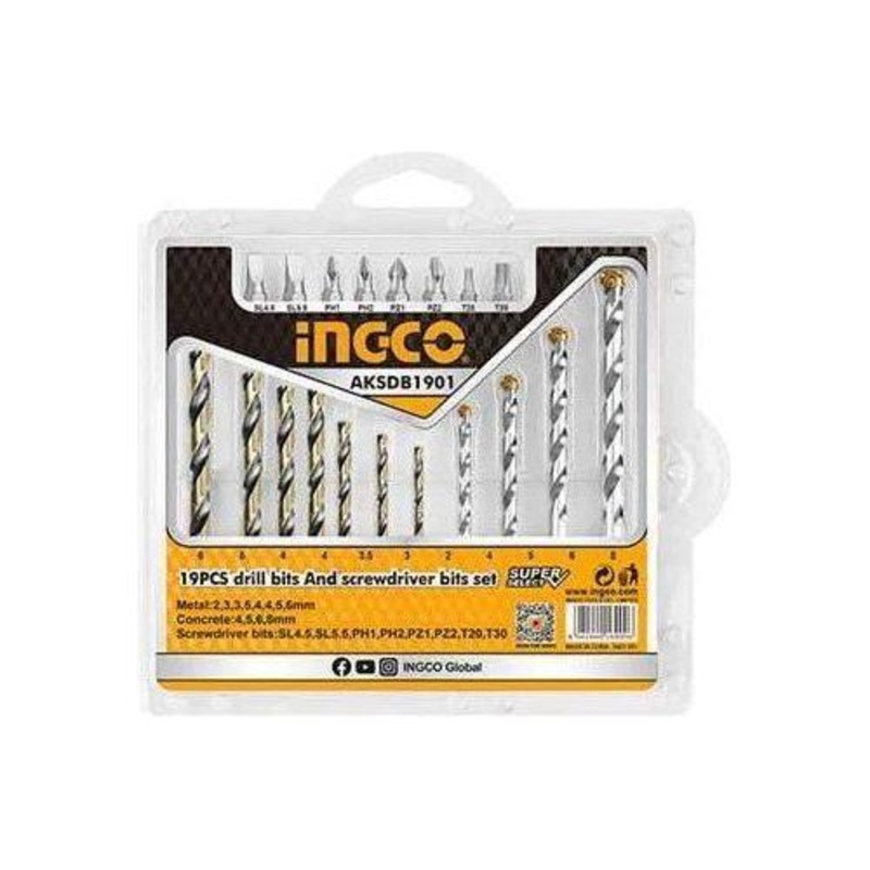 Ingco AKSDB1901 19pcs Drill Bits Screwdriver SS