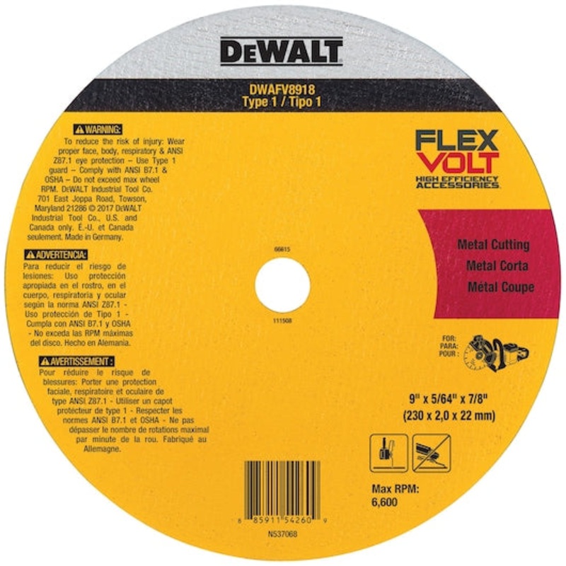 Dewalt DWAFV8918 Flexvolt Ceramic Metal Cutoff Wheel Type 1