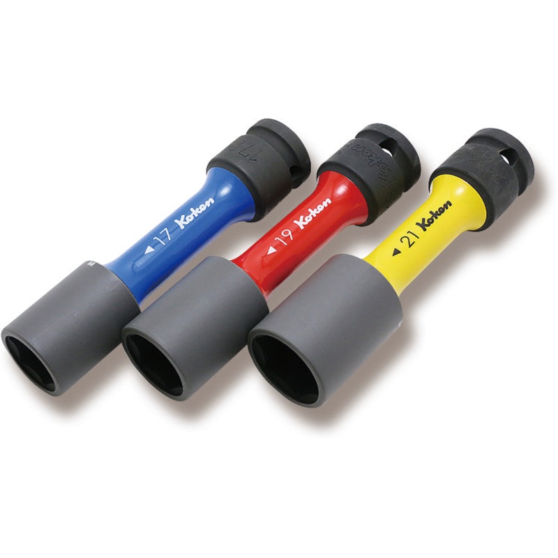 1/2 Sq. Dr. Wheel Nut Socket 3 piece Set, 17-21mm, 6 point Thin Wall and Color Coded by Size