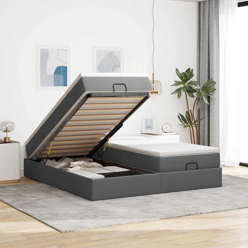 Cadre de lit ottoman avec matelas gris fonc 180x200cm tissu