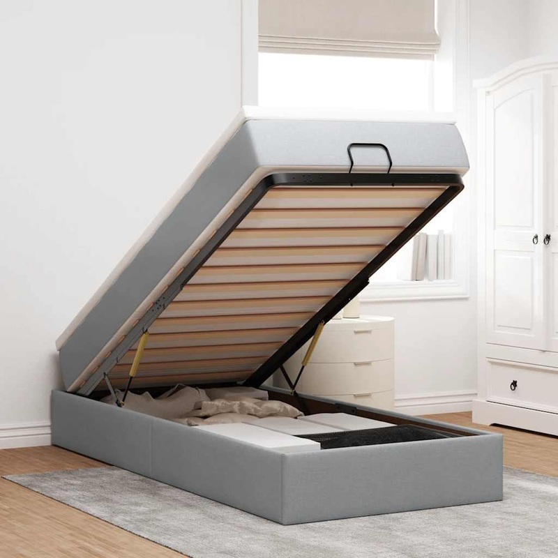 Cadre de lit ottoman et matelas gris clair 90x190 cm tissu