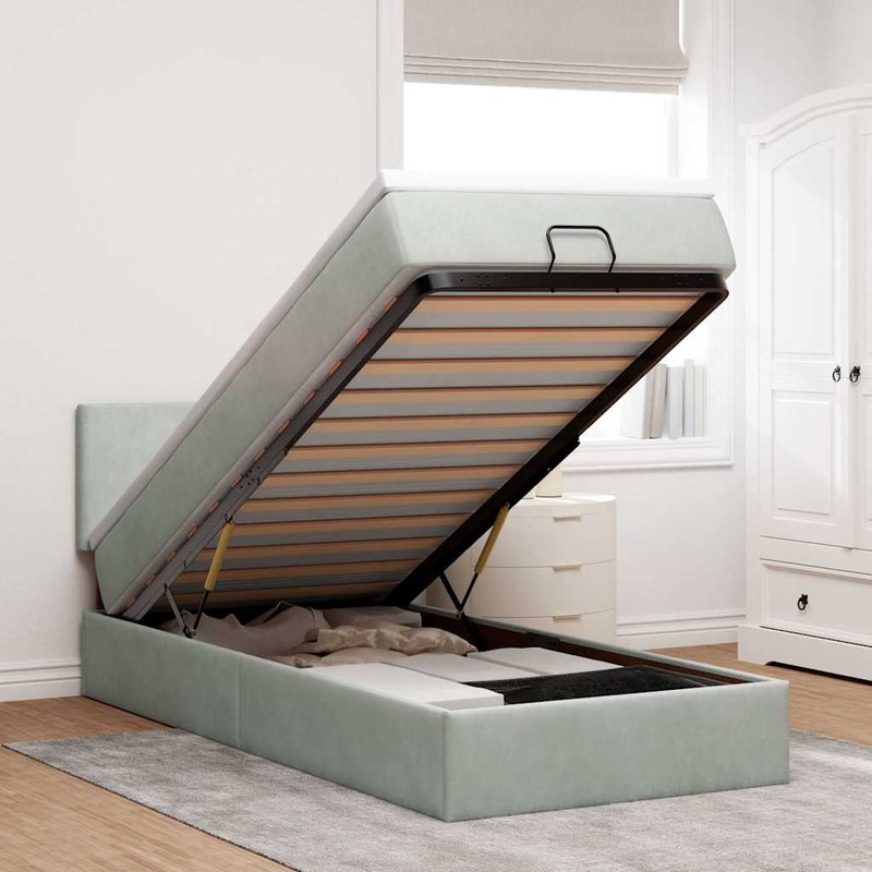 Cadre de lit ottoman et matelas gris clair 90x200 cm velours