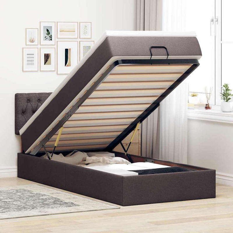 Lit ottoman avec matelas marron fonc 100x200 cm tissu